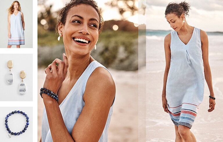 Shop our linen A-line dress, sterling silver disk & pearl drop earrings and seaside finds stretch bracelet