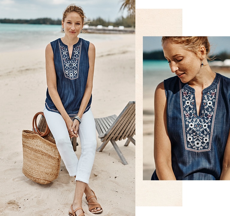 Shop our embroidered indigo sleeveless top, Authentic Fit fringed-hem cropped jeans, jute leather-handle market tote, Seychelles® effortless sandals