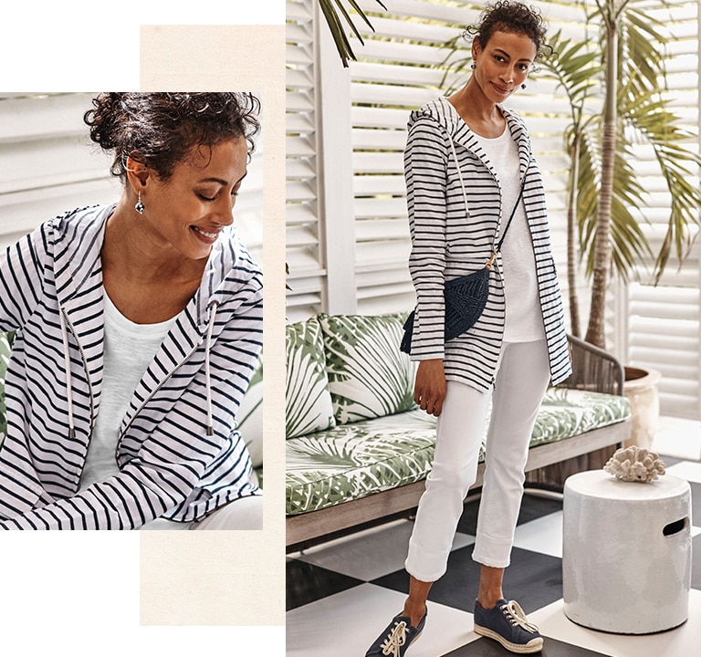 Shop our mariner striped hooded jacket, pima scoop-neck elbow-sleeve tee, Authentic Fit fringed-hem cropped jeans and Cora espadrille sneakers