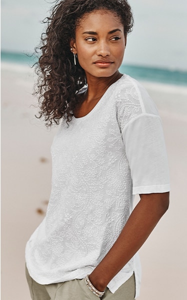 Shop our Pure Jill embroidered elbow-sleeve top