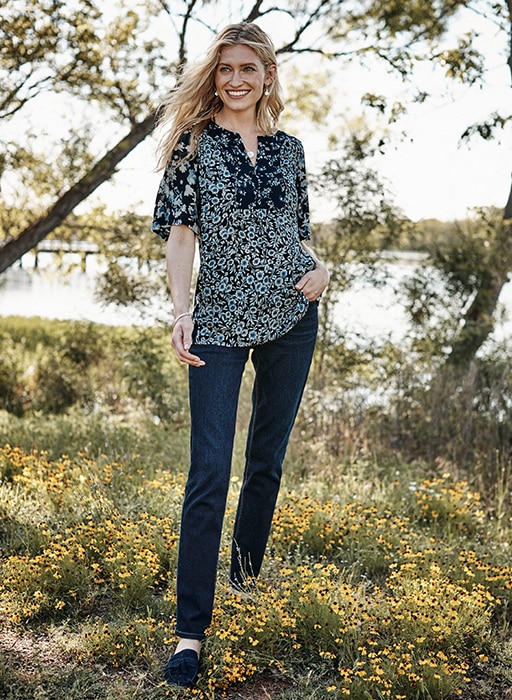Shop this look - high-rise straight-leg jeans, lakeside blooms mixed-print top, sterling silver disk & pearl necklace and Charlotte tasseled mules
