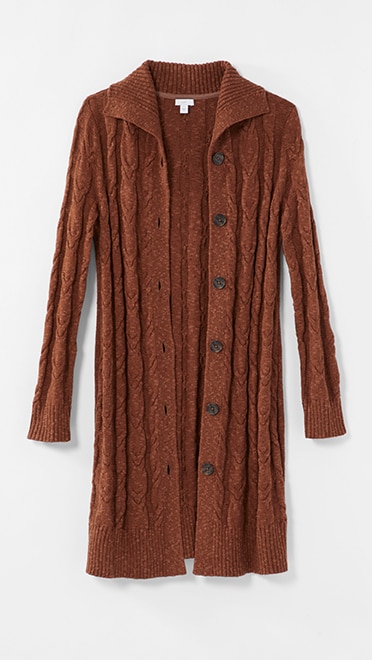 Shop our cozy cabled button-front cardi