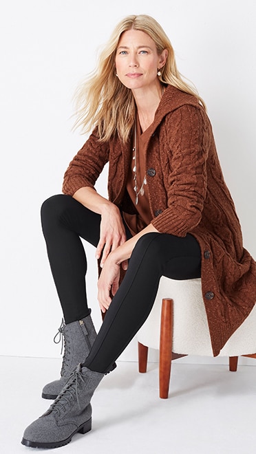 Shop this look—cozy cabled button-front cardi, Simply Supima® V-neck tunic, smoothing-ponte leggings and Naomi lace-up boots