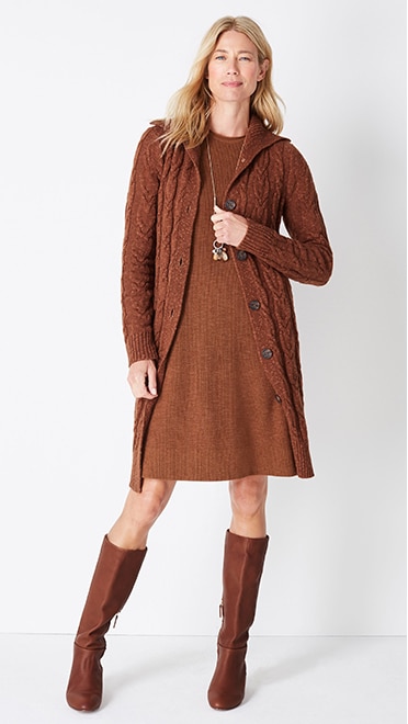 Shop this look—cozy cabled button-front cardi, textured sweater dress, autumn accents pendant, and Ainsley leather tall boots