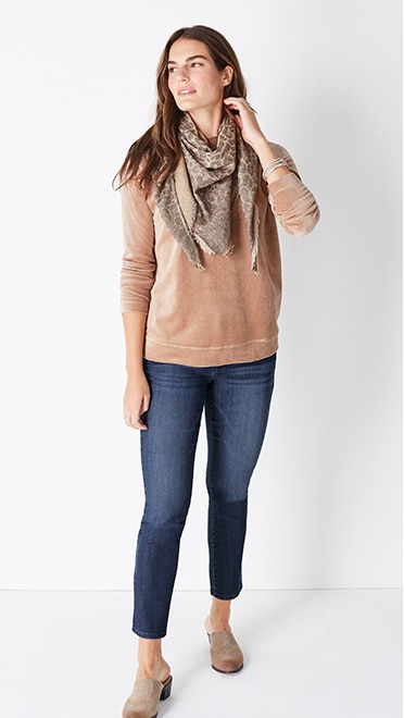 Shop this look—everyday plush velour top, Authentic Fit slim-leg jeans, ombré leopard jacquard triangle scarf and Elsie clogs