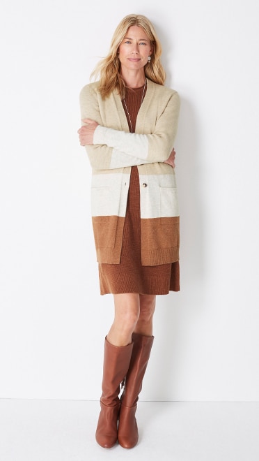 Shop this look—color-block button-front cardi, textured sweater dress, hammered mixed-metal drop earrings and Ainsley leather tall boots