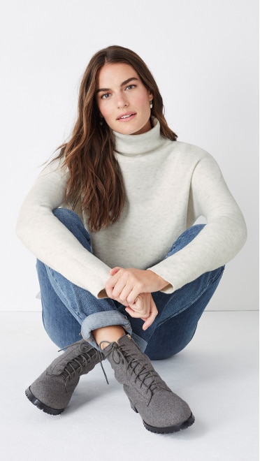 Shop this look—Naomi lace-up boots, moorland funnel-neck sweater, the boyfriend jeans and autumn accents earrings