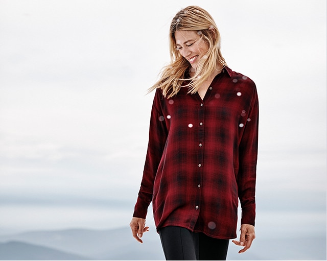 Shop our Double-Cloth Plaid Tunic, Smoothing-Ponte Leggings, Alpine Getaway Snowflake Drop Earrings and Naomi Lace-Up Boots