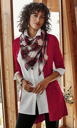 Shop our Soft & Light Elliptical Cardi, Cotton-Stretch Shirttail Tunic, Vegan-Leather-Inset Ponte Leggings and Embroidered Plaid Triangle Scarf