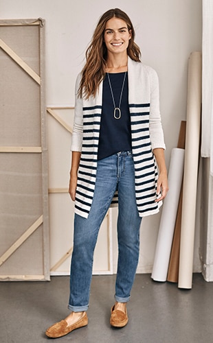Shop our The Boyfriend Jeans, shop our Cozy Open-Front Cardi, Pima Scoop-Neck Tee and BORN Axona Driving Mocs