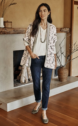 Shop our The Boyfriend Jeans, Floral Trellis Quilted Ruana, Simply Supima® V-Teck Tunic and Winter Shores Strand Necklace