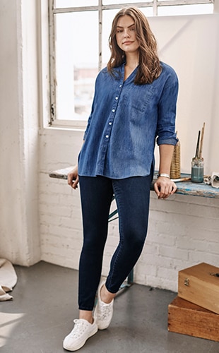 Shop our Artist Studio Denim Shirt, Ultra-Stretch Denim Jeggings, Tretorn Nyliteplus Sneakers and our Winter Shores Studded Earrings