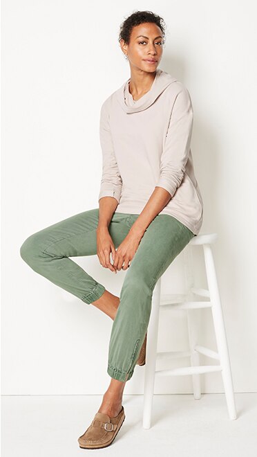 Shop this look—Pure Jill harmony soft-draped hoodie, extrasoft chino joggers, sterling silver hoops and Birkenstock® Buckley clogs