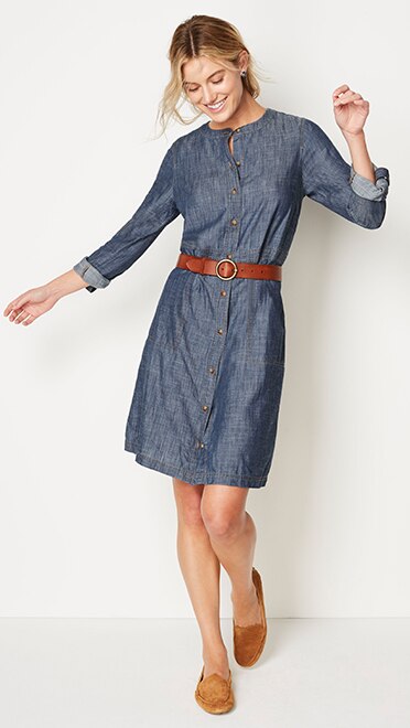 Shop this look—chambray button-front dress, classic O-ring leather belt, Pure Jill earth's palette stud earrings and Born® Axona driving mocs