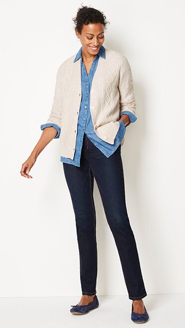 Shop this look—cropped cabled V-neck sweater, artist’s studio denim shirt, high-rise straight-leg jeans and Born® Brin ballet flats