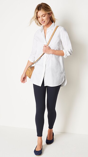 Shop this look—cotton-stretch high-low shirttail tunic, Fit performance high-rise 7/8 leggings, leather crossbody crescent bag and Born® Brin ballet flats