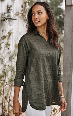 shop our Textured Side-Button Shirttail Tunic