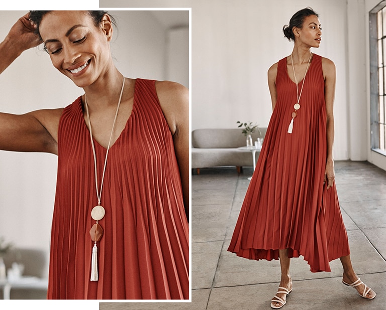 Shop our Wearever woven sunburst-pleated elliptical dress, canyon clay pendant, canyon clay hoop earrings and Zelie sandals