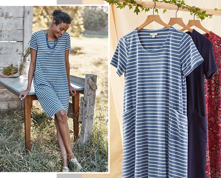 Shop our seamed A-Line t-shirt dress, garden daydream statement necklace, Tessa lightweight sneakers and sterling silver hoops