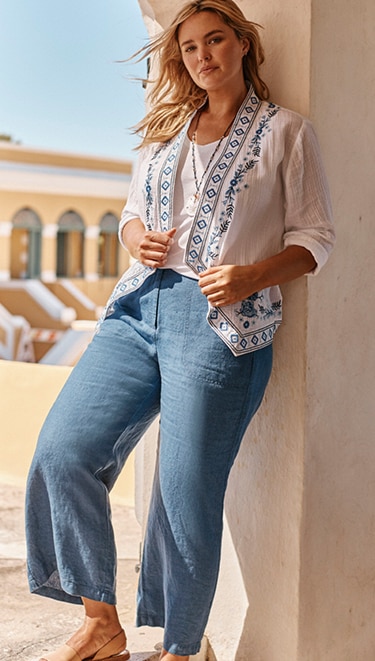 shop our embroidered gauze draped-front jacket, pima rounded-V-neck tank, easy linen crops and rising tides sand dollar necklace