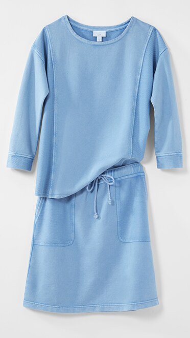 Shop our mixed-textures sweatshirt & cotton Terry tie-waist skirt
