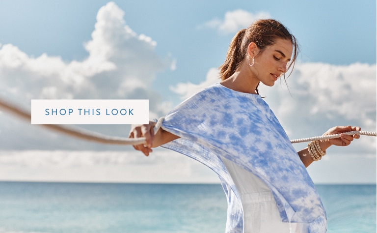 Shop our cloud tie-dyed poncho, Pure Jill pima-stretch tank, Pure Jill linen slim-leg drawstring crop and Compassion Fund natural elements multistrand bracelet