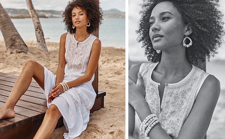 Shop our capri embroidered maxi dress, Compassion Fund natural elements hoop earrings, Compassion Fund natural elements multistrand bracelet and Seychelles® live a little sandals