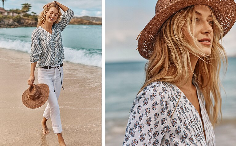 Shop our Madeira pintucked blouse, high-rise denim cuffed crops, woven-leather tie belt and tie-trimmed straw hat