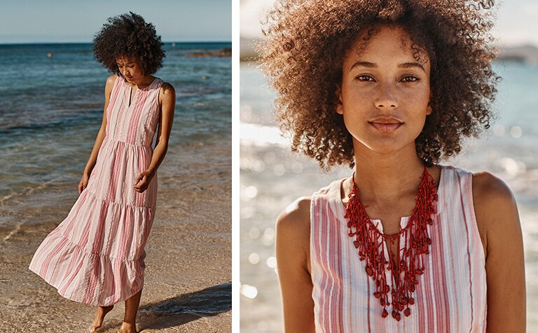 Shop our Ibiza tiered maxi dress, summer sunset statement necklace, summer sunset cluster earrings and Born® inlet sandals