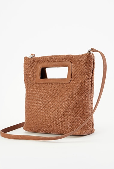 Woven leather foldover cross-body bag