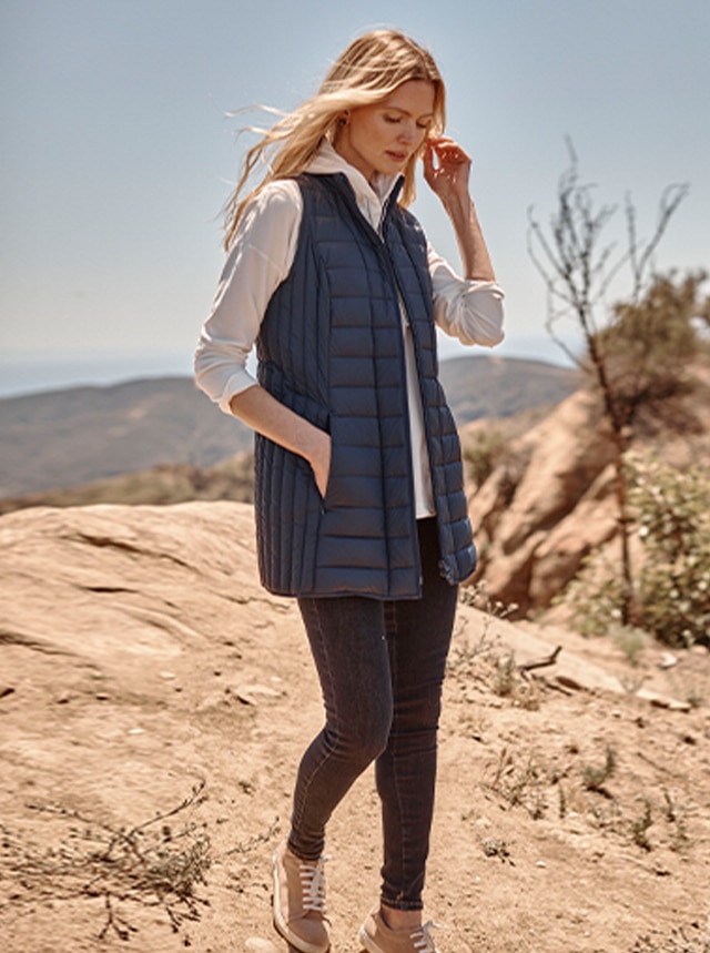 Shop our water-repellent washable down puffer vest, cotton terry hoodie, perfect pull-on jeggings and Tessa lightweight sneakers