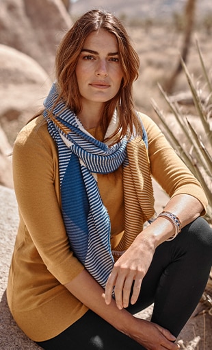 Shop our single-pocket sweater tunic, high-rise ponte knit leggings, striped color-blocked scarf and peaceful plains semiprecious stretch bangles