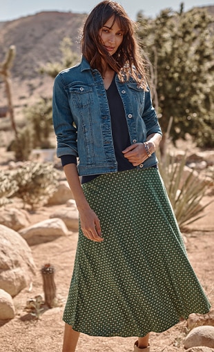 Shop our classic denim jacket, everyday V-neck pullover, printed A-line midi skirt and peaceful plains semiprecious drop earrings