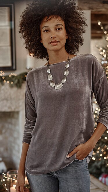 shop our rayon & silk velvet relaxed top, high-rise straight-leg jeans, winter lakes bezel statement necklace and Amanda ballet slides