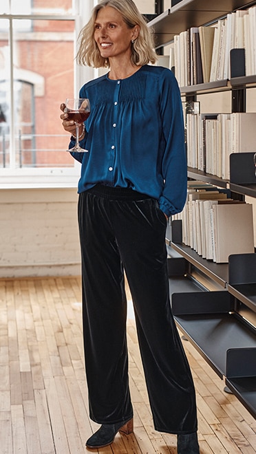 shop our Wearever pintucked blouse, Wearever stretch-knit velvet straight-leg pant, Wearever winter glaze sparkle earrings and Jodie suede block-heel boots
