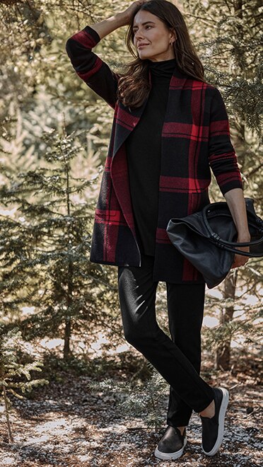 shop our plaid open-front cardi, Luxe Supima® high-low turtleneck tunic, versatile ponte slim-leg pants and Pure Jill washed-leather hobo bag