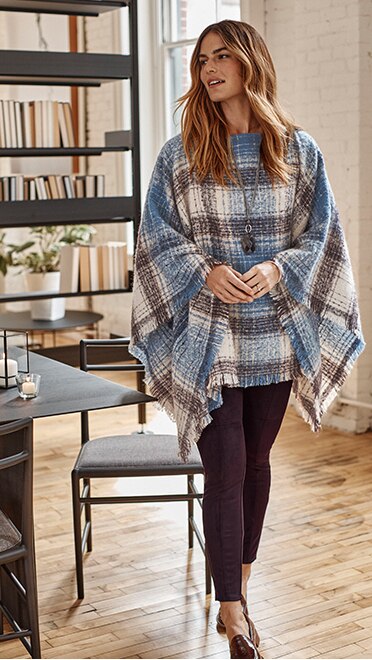 shop our cozy plaid poncho, Wearever easy A-line tank, Wearever smooth-fit faux-suede leggings and Sofft® Napoli loafers