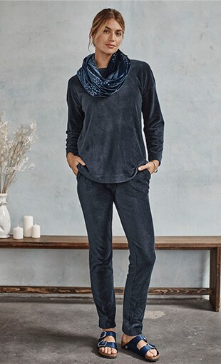 shop our Pure Jill corded velour top, Pure Jill corded velour pants, Pure Jill embellished velvet infinity scarf and Birkenstock® Arizona big buckle velvet sandals