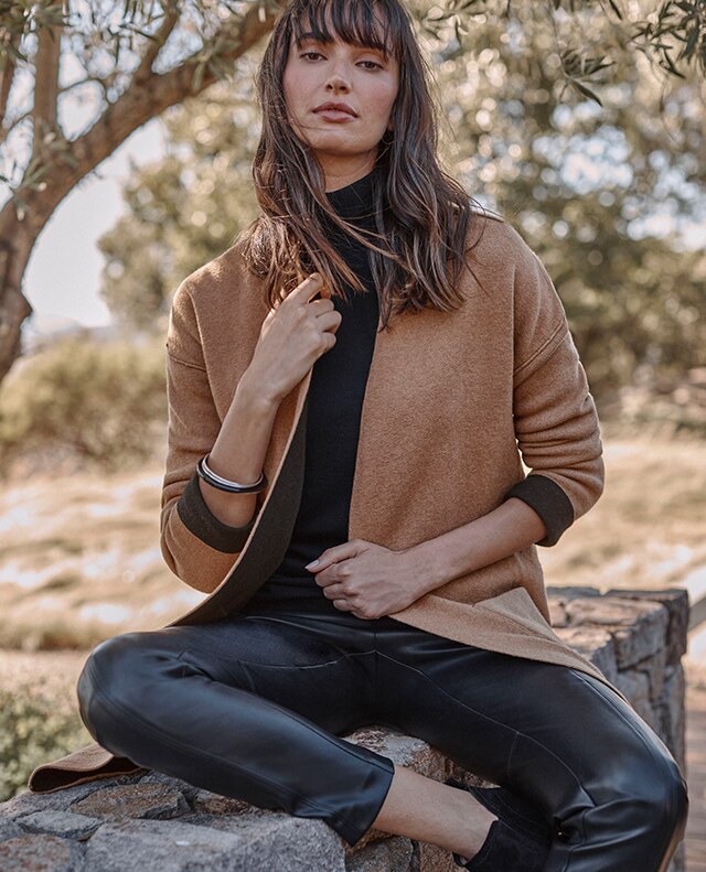 shop our majestic reversible double-faced cardi, ultra-luxe silk-blend mock-neck sweater, vegan-leather slim-leg pants and Sofft® Emeree booties
