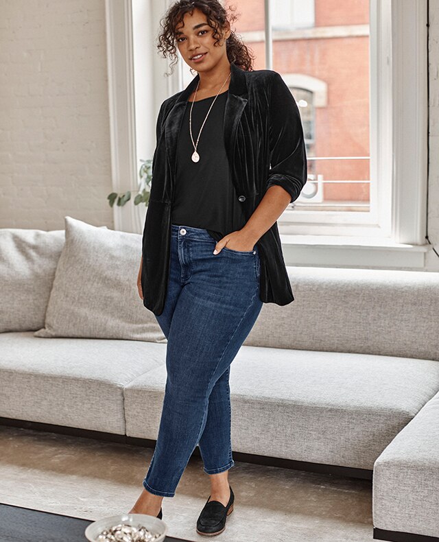 shop our Wearever velvet-knit blazer, Wearever easy A-line tank, Authentic Fit slim-leg jeans and Sofft® Napoli loafers