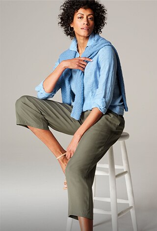 Shop our linen tab-sleeve A-line shirt, soft crew-neck cardi, pleated-front full-leg crops and Sterling Silver Large Hoops