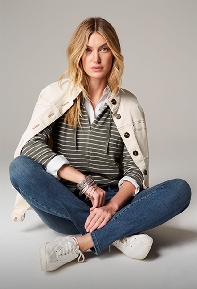 Shop our hooded striped tunic, classic white shirt, modern utility jacket and Authentic Fit slim-leg jeans