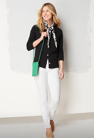 Shop our soft crew-neck cardi, Authentic Fit slim-leg jeans, floral pleated diamond scarf and woven-leather cross-body bag