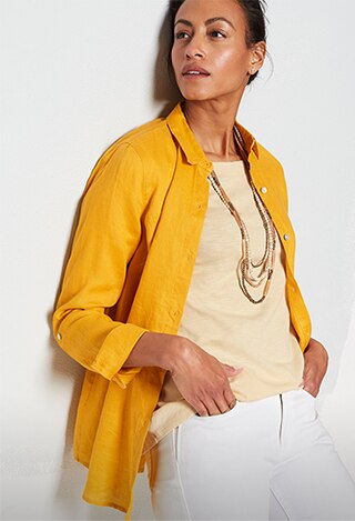 Shop our linen tab-sleeve A-line shirt, pima-slub elbow-sleeve tee, Authentic Fit slim-leg jeans and gracefully grounded multistrand necklace