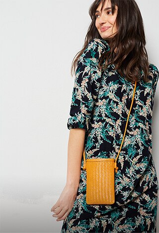 Shop our exotic blooms garden dress, spring mix stretch bracelet, woven-leather cross-body bag and Gracefully Grounded Drop Earrings