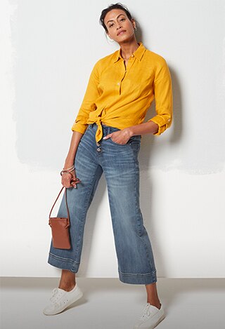 Shop our linen tab-sleeve A-line shirt, button-fly full-leg cropped jeans, woven-leather cross-body bag and Tretorn® Nyliteplus sneakers