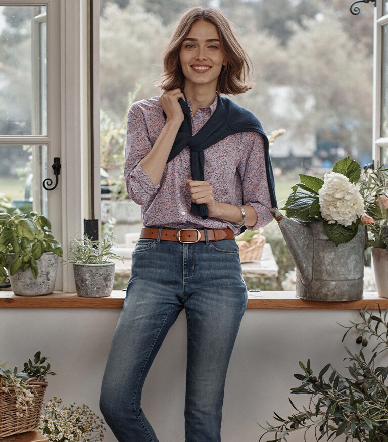 Shop our one-pocket shirred-back shirt, Authentic Fit slim-leg jeans, leather oval-ring belt and Seychelles® places to go mules