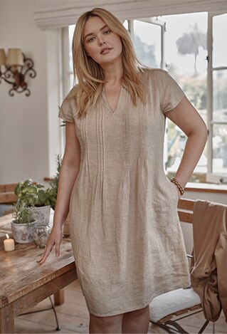 Shop our pintucked linen dress, sterling silver bangles, gracefully grounded beaded bracelet and Kork-Ease® Tatum slide sandals