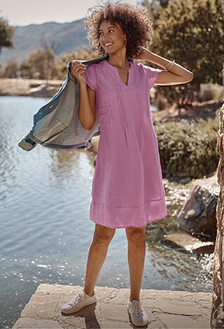 Shop our pintucked linen dress, modern utility jacket, sterling silver bangles and Tretorn® Nyliteplus sneakers
