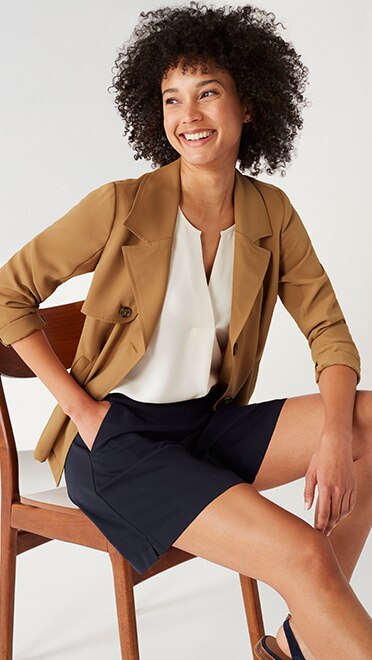 Shop our Wearever easy-care center-pleat blouse, Wearever easy-care trench jacket, Wearever double-face jersey shorts and Nara loafer slingbacks